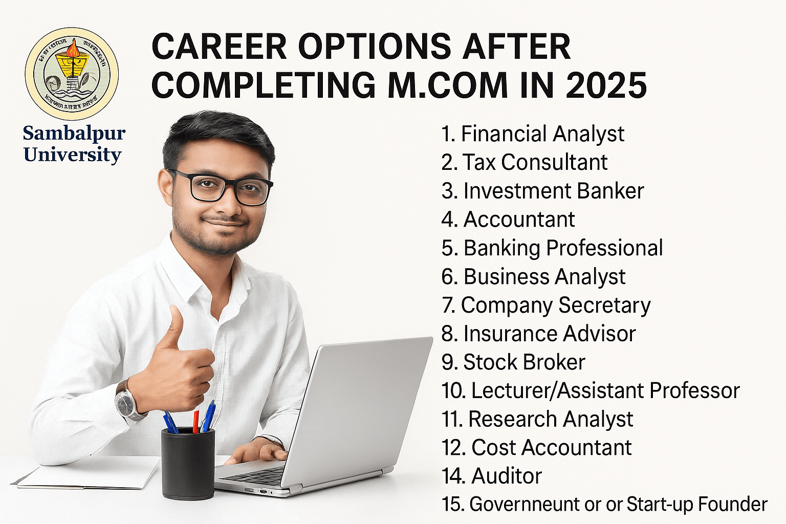 Career options after MCom in 2026 with job roles like Financial Analyst, Tax Consultant, and Lecturer &ndash; Sambalpur University graphics